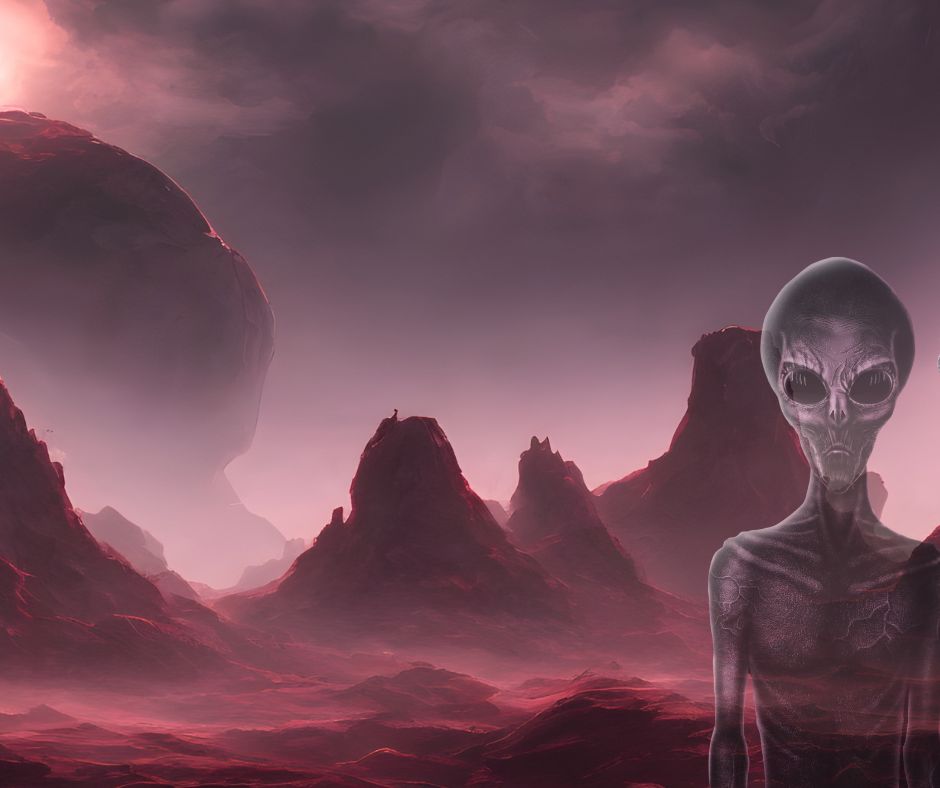 Alien standing in front of a purple alien landscape.